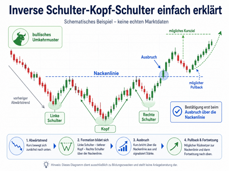 Infografik zur inversen Schulter-Kopf-Schulter-Formation Ein schematischer Candlestick-Chart zeigt linke Schulter, tieferen Kopf, rechte Schulter, Nackenlinie, Ausbruch über die Nackenlinie, möglichen Pullback und ein m