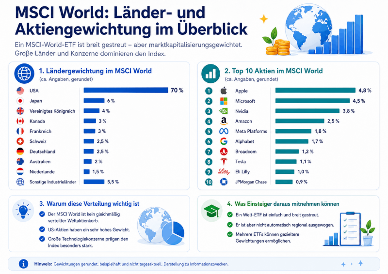 Infografik und Abbildung  zur Länder- und Aktiengewichtung im MSCI World mit hohem USA-Anteil, weiteren Industrieländern und beispielhaften Top-Positionen wie Apple, Microsoft und Nvidia.