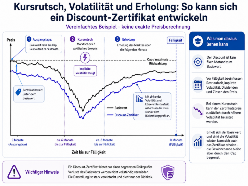 Kursverlauf eines Discount-Zertifikats bei Kursrutsch, steigender Volatilität und anschließender Erholung des Basiswerts bis zur Fälligkeit