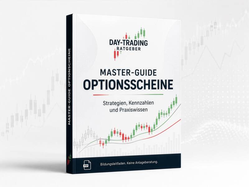 Mockup des PDF-Ratgebers „Master-Guide Optionsscheine“ von Day-Trading-Ratgeber.de mit Chartgrafik, Candlesticks und dem Hinweis „Bildungsleitfaden. Keine Anlageberatung.“