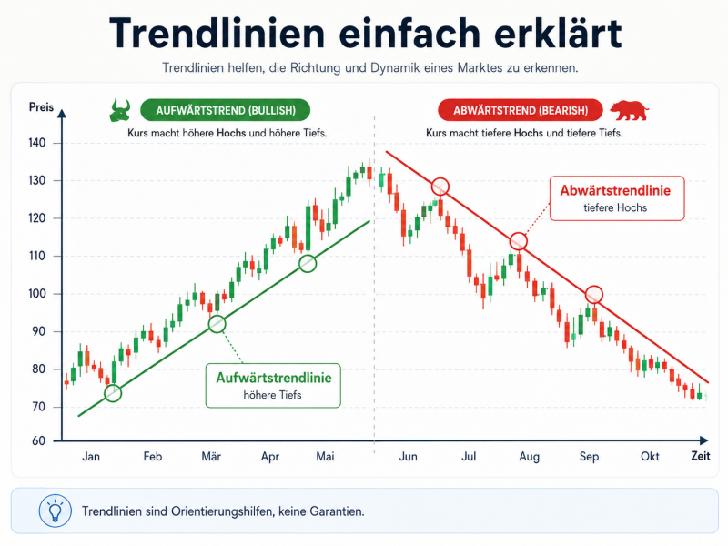 Schematischer Candlestick-Chart mit Aufwärtstrendlinie und Abwärtstrendlinie Die grüne Trendlinie verbindet höhere Tiefs, die rote Trendlinie verbindet tiefere Hochs_Technische  Analyse Schaubild und Abbildung