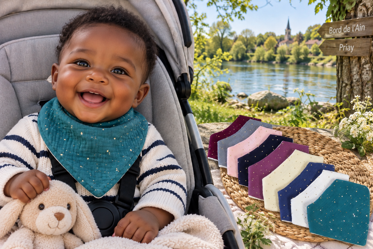 Bavoir bandana bébé double gaze à pois dorés
