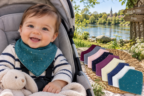 Bavoir bandana bébé double gaze à pois dorés