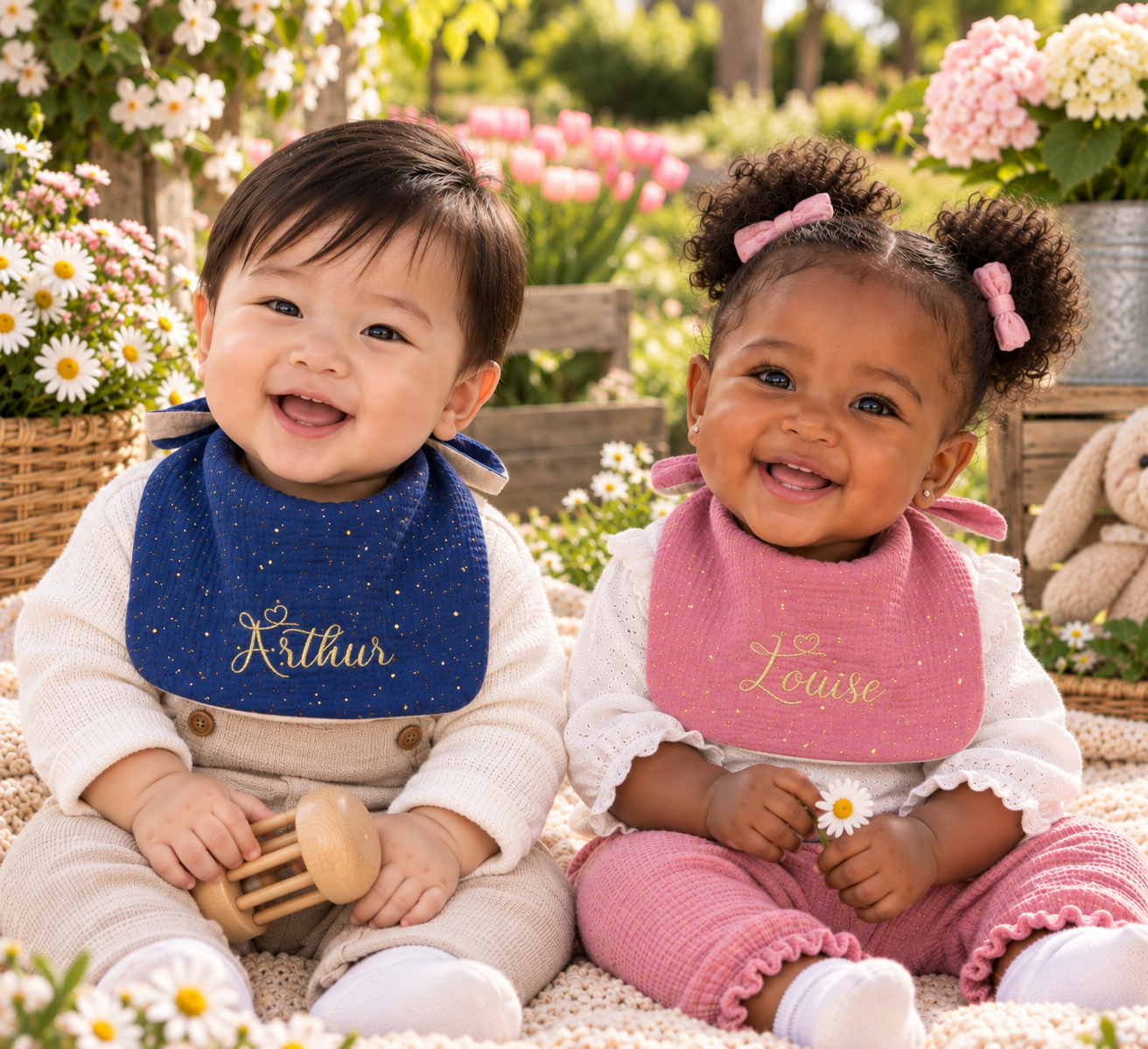Bavoir bébé personnalisé prénom brodé cœur doré