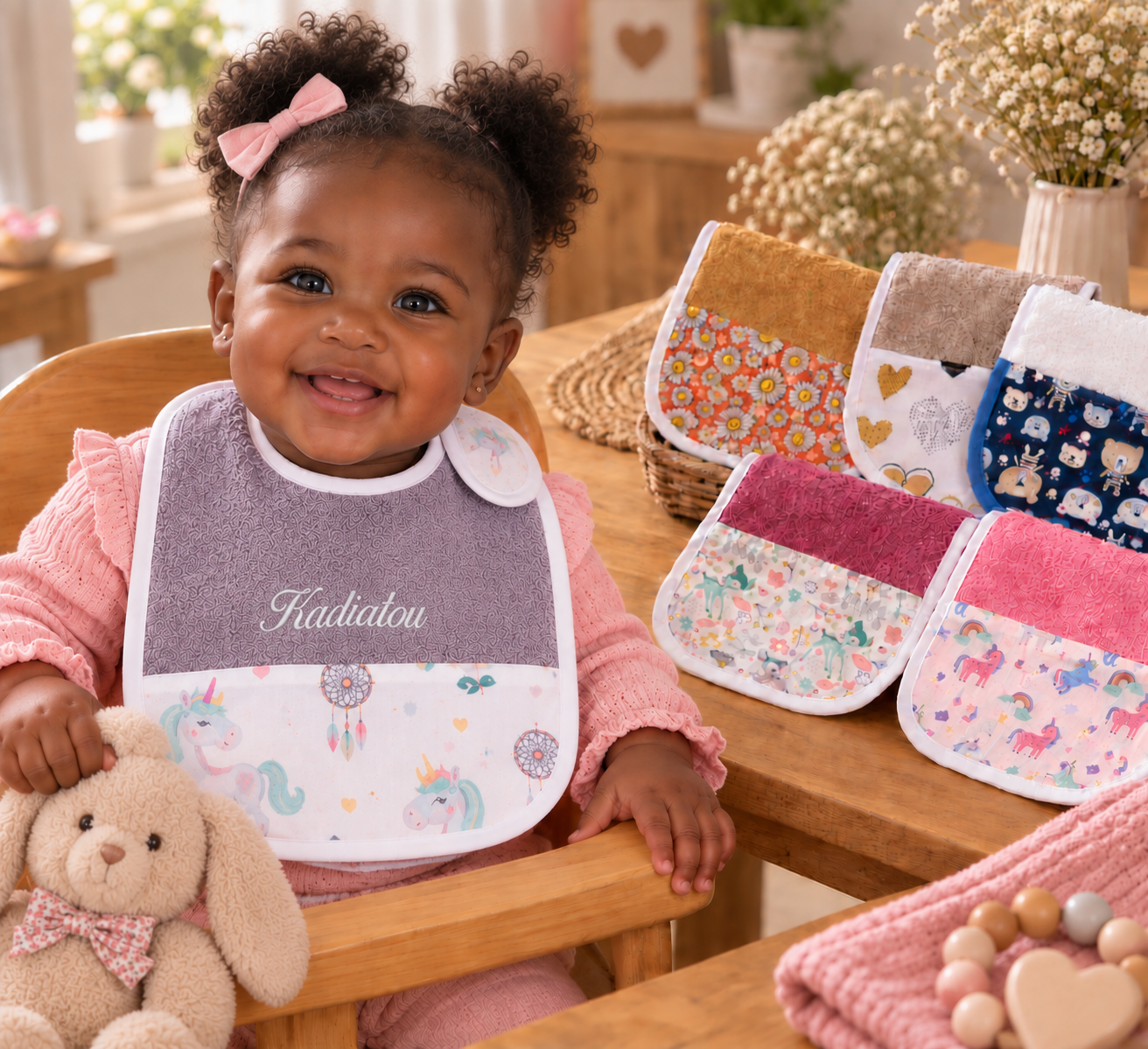 Bavoir bébé personnalisé brodé – 35 × 35 cm