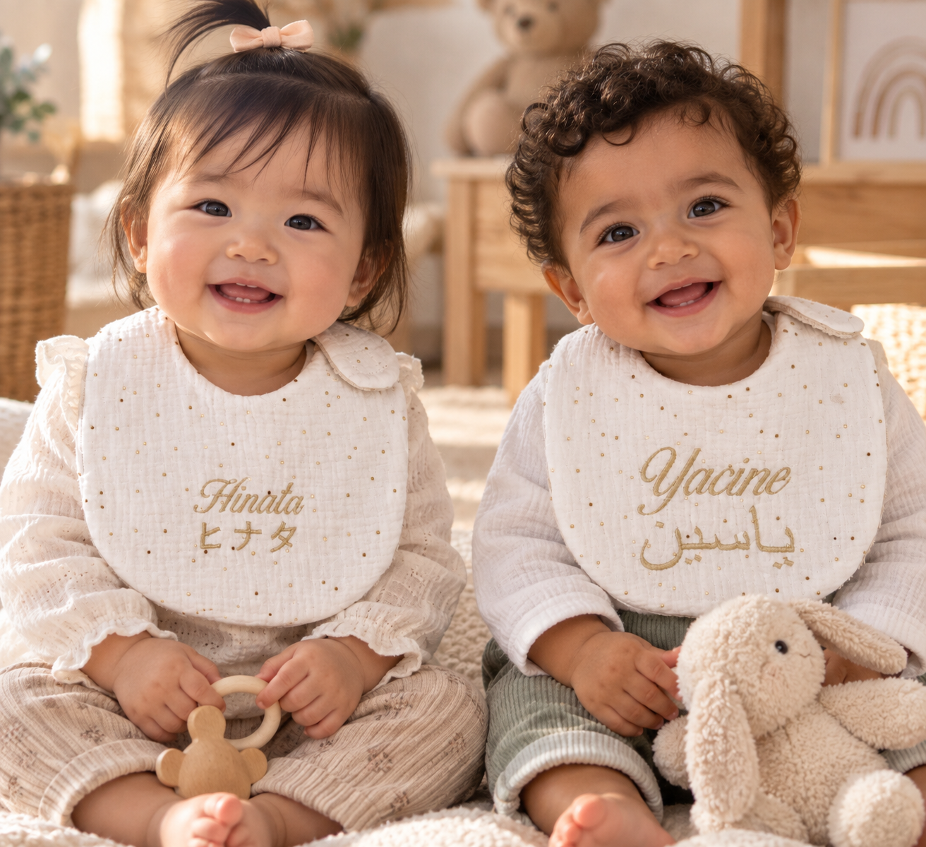 Bavoir bébé personnalisé prénom brodé français, arabe ou japonais