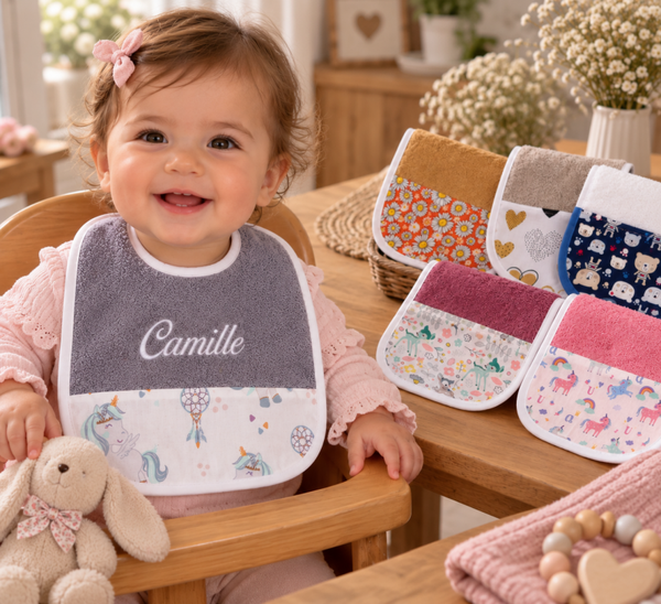 Bavoir bébé personnalisé brodé – 35 × 35 cm
