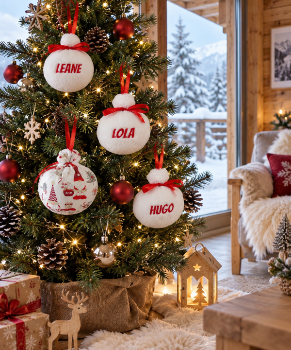 Boule de Noël personnalisée prénom brodé – Lutins blancs