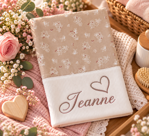 Protège carnet de santé personnalisé en velours beige et écru – Prénom brodé