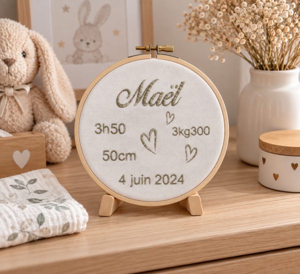 Cadre naissance personnalisé prénom et 3 cœurs brodés