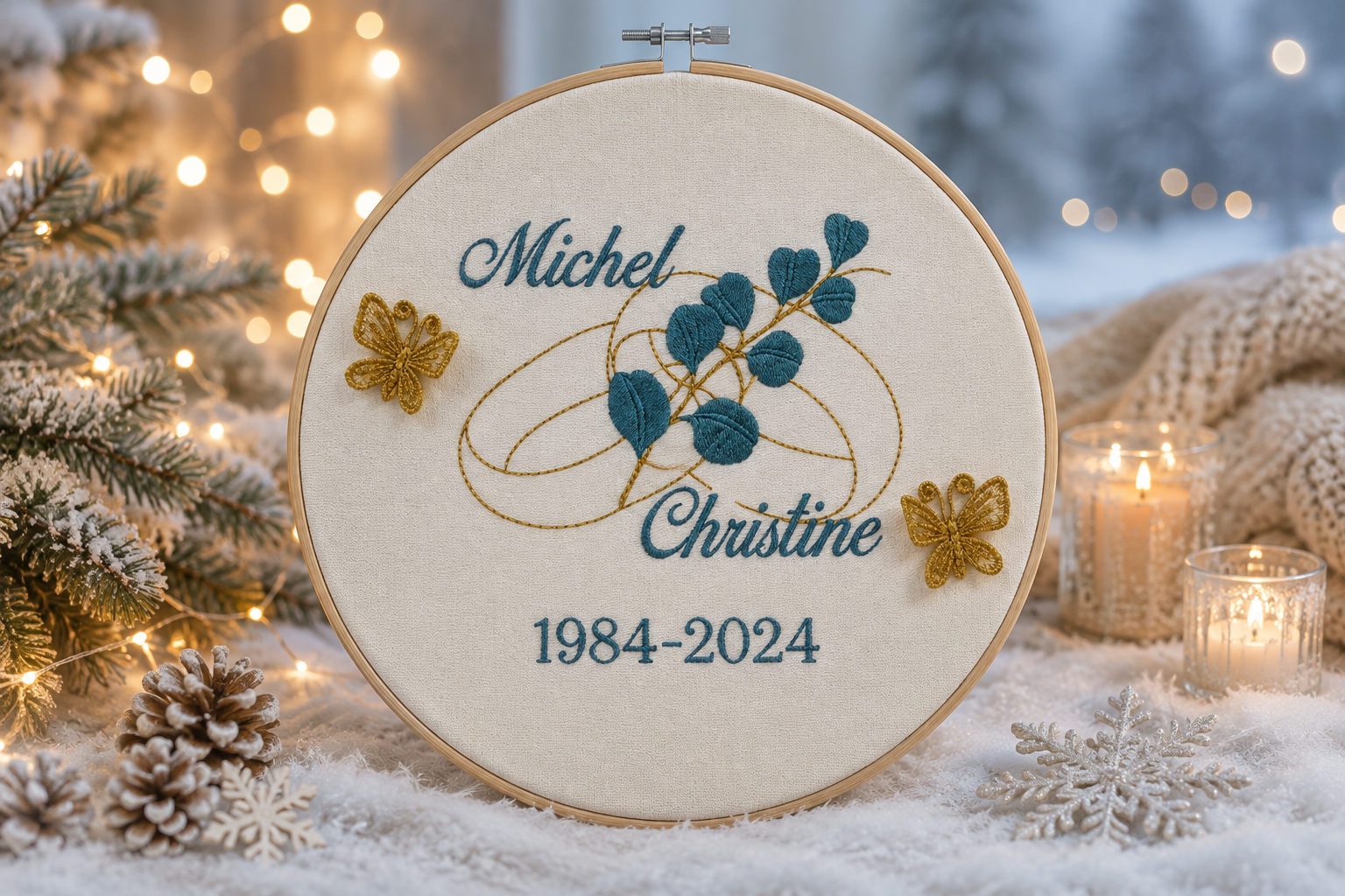 Cadre porte-alliances mariage personnalisé brodé – Eucalyptus