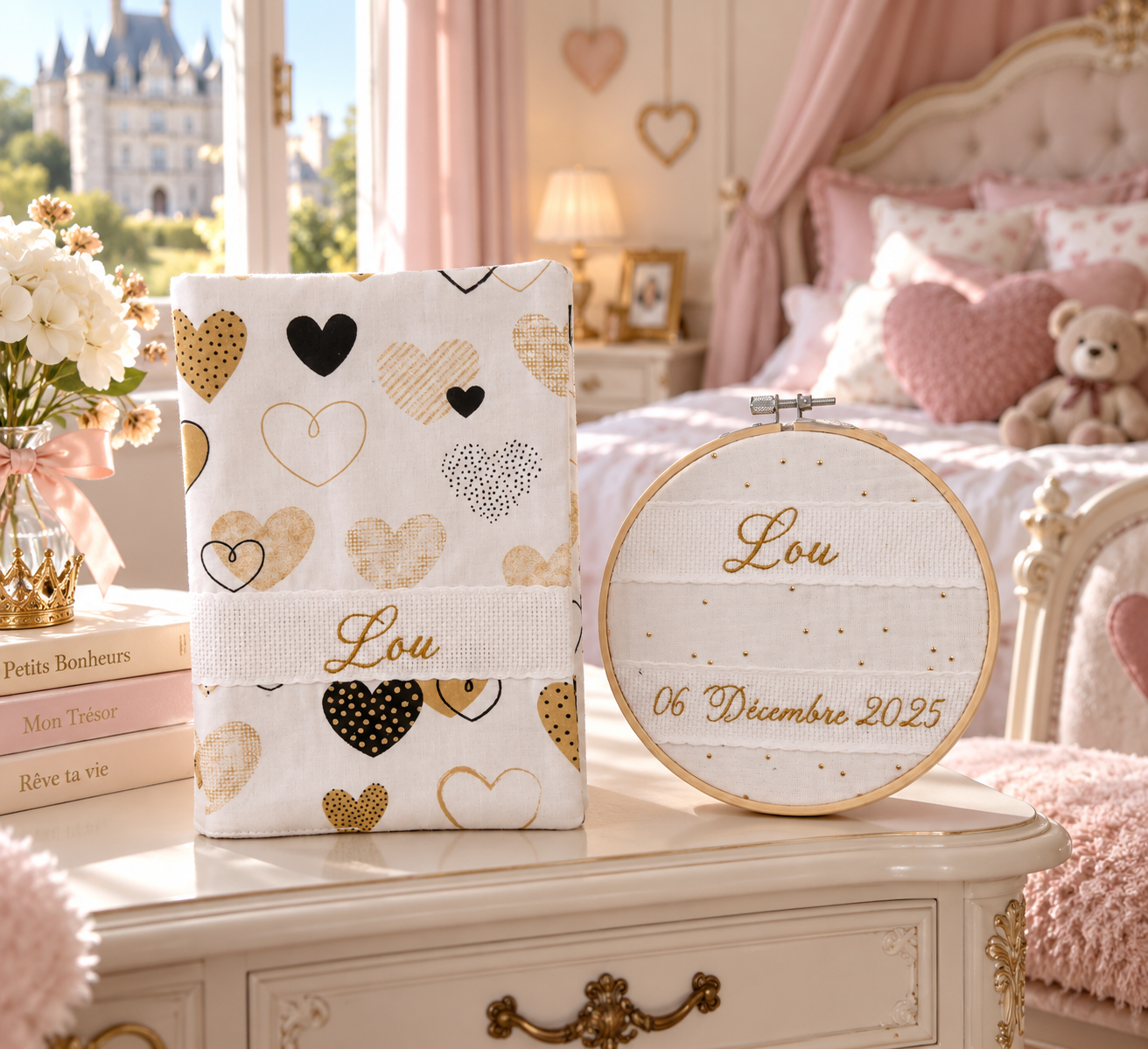 Coffret naissance personnalisé brodé – Carnet de santé et cadre