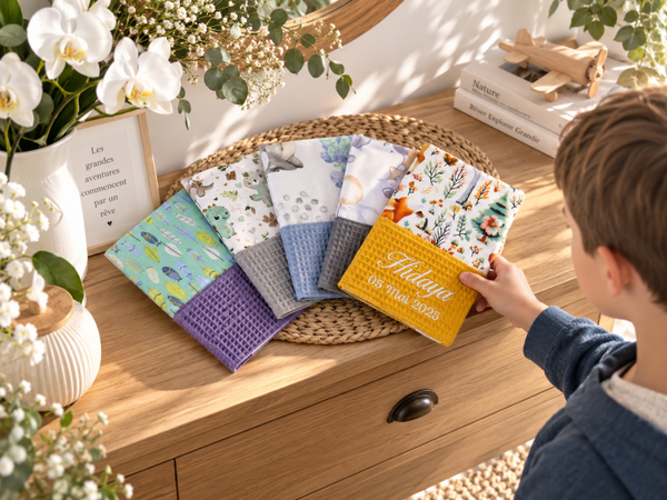 Protège carnet de santé coton imprimé et nid d’abeille