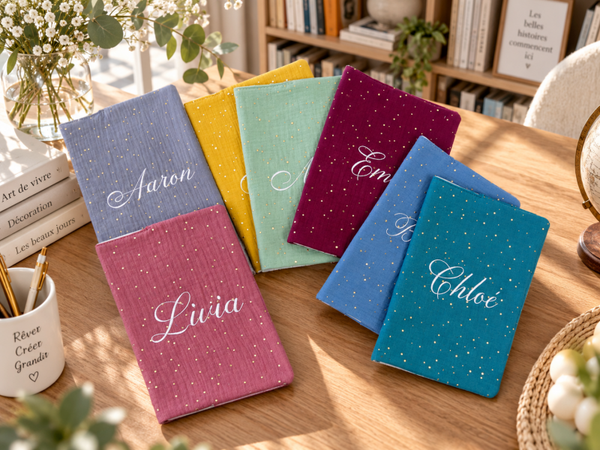 Protège carnet de santé personnalisé double gaze pois dorés