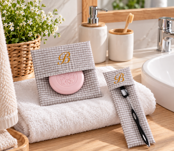 Etui à brosse à dents et pochette à savon personnalisés – Broderie initiale