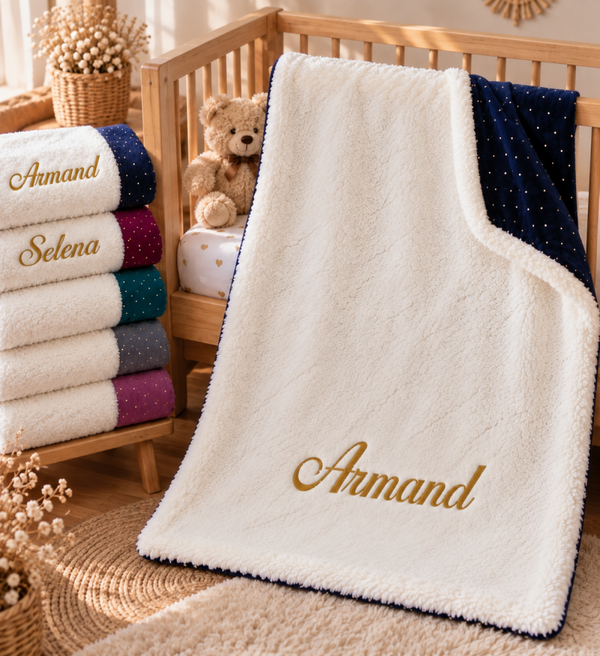 Couverture bébé personnalisée brodée double gaze et Sherpa