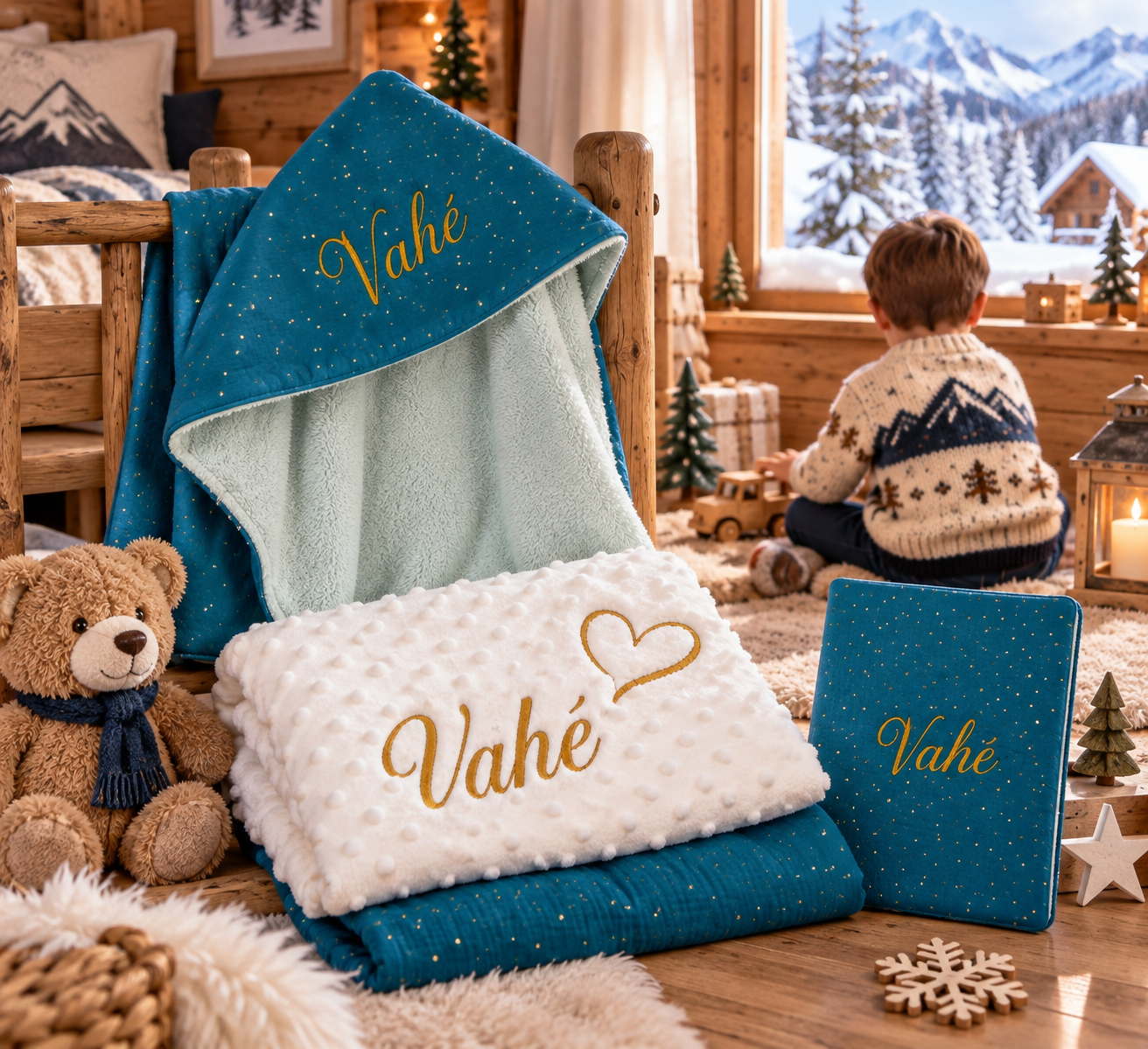 Coffret naissance bébé personnalisé brodé – 4 pièces