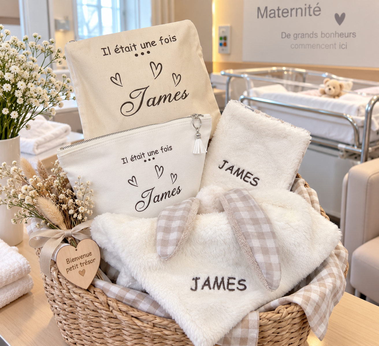 Coffret naissance bébé personnalisé brodé – 4 pièces
