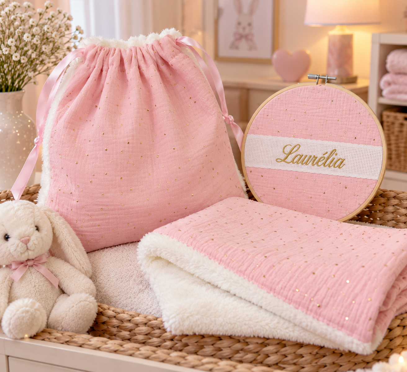 Coffret naissance bébé personnalisé brodé rose – 3 pièces