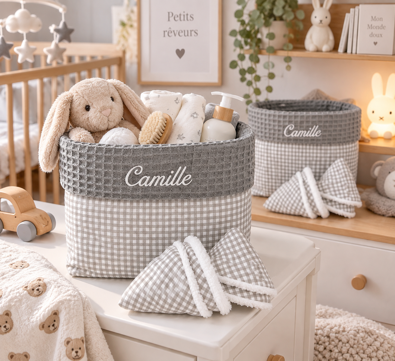 Corbeille tipis pipi Vichy personnalisée prénom