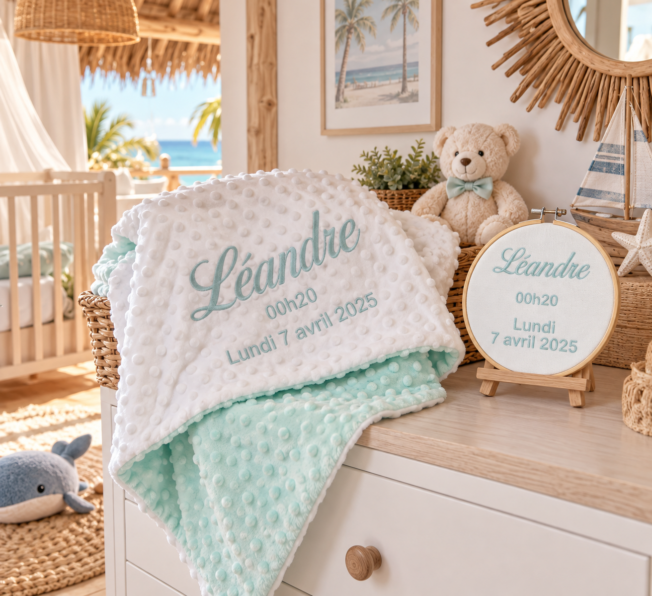 Coffret naissance bébé personnalisé brodé – Couverture et cadre