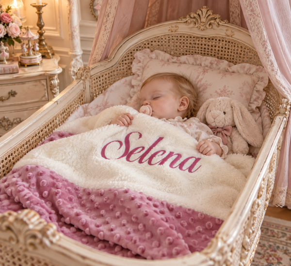 Couverture bébé personnalisée Minky vieux rose et Sherpa