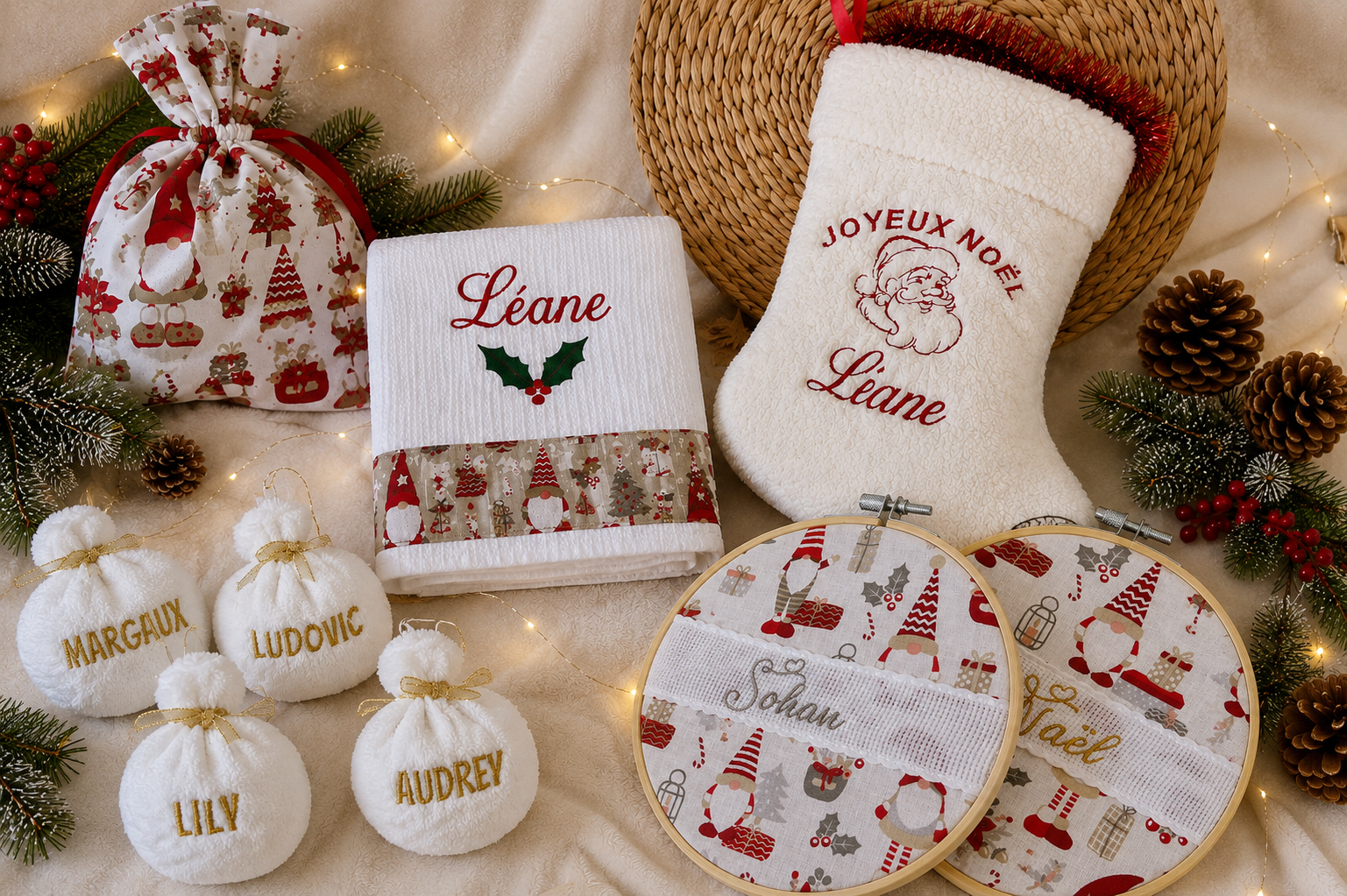 Cadeaux de Noël personnalisés avec prénoms brodés : chaussette, serviette et décorations artisanales