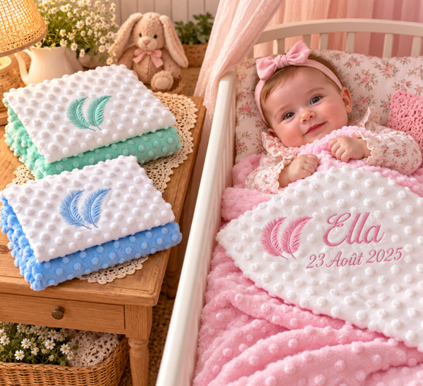 Couverture bébé personnalisée Plumes 3D – Minky doux – Prénom et date de naissance brodés
