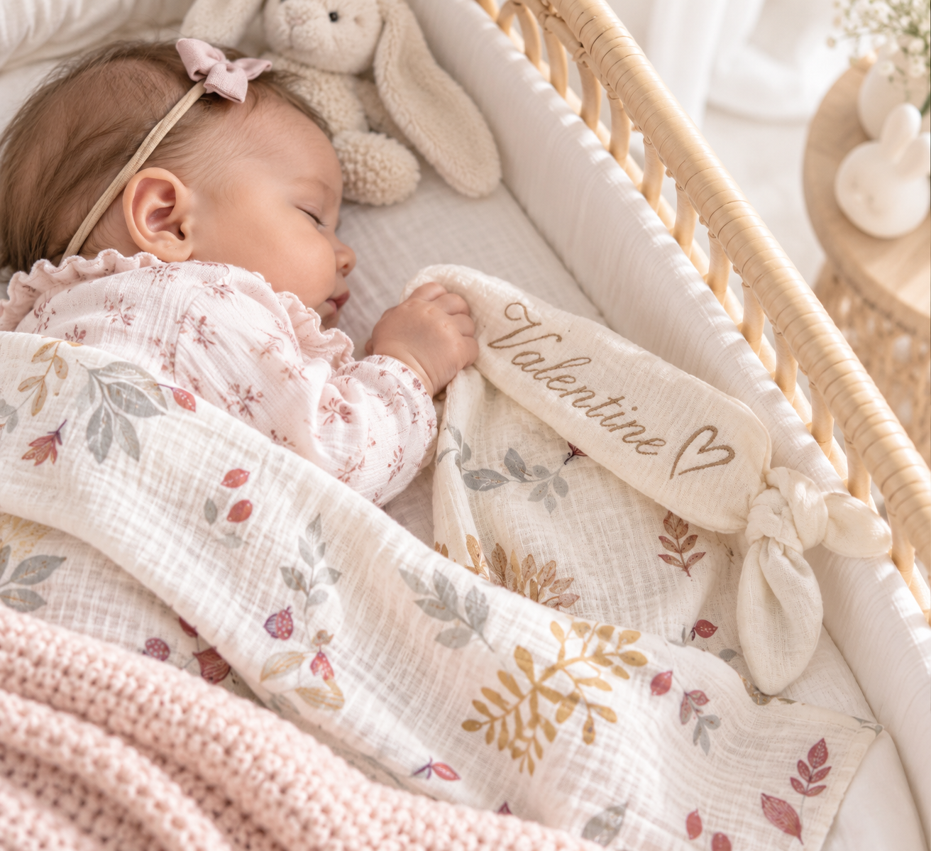 Doudou bébé double gaze personnalisé prénom et cœur brodés