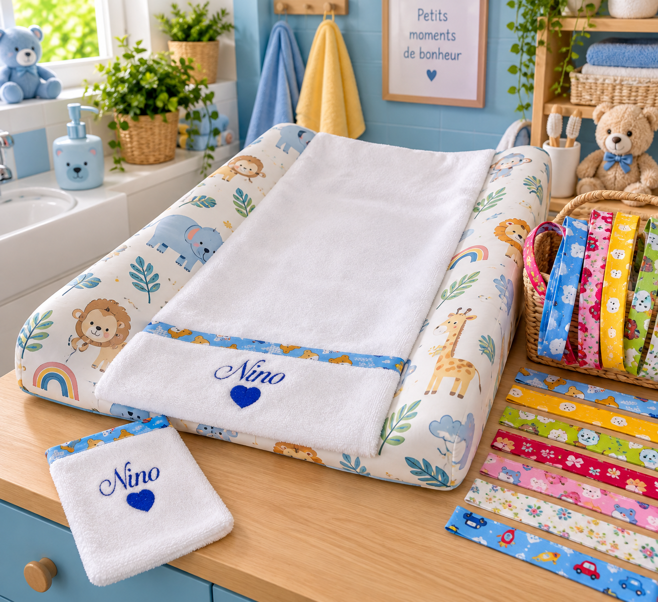 Gant de toilette et matelas à langer nomade personnalisés brodés