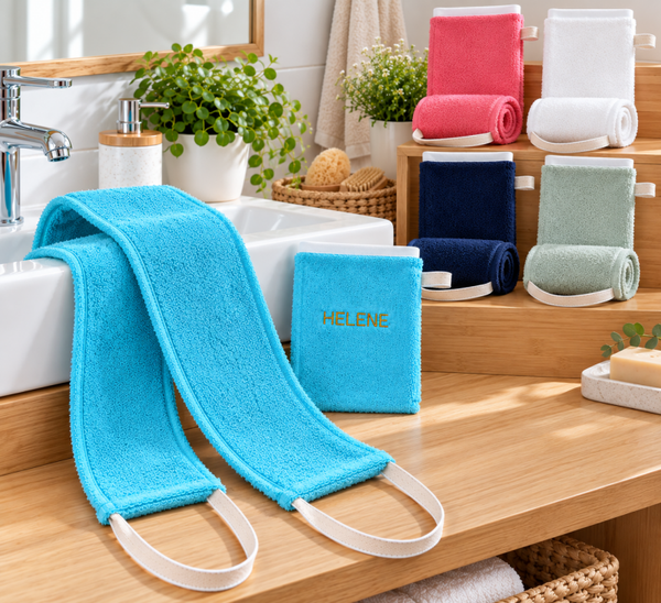 Gant de toilette et sangle lave-dos personnalisés brodés