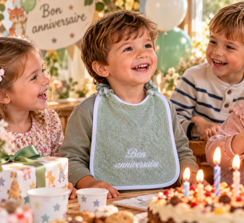 Enfant portant un bavoir vert personnalisé avec broderie blanche lors d'un goûter d'anniversaire