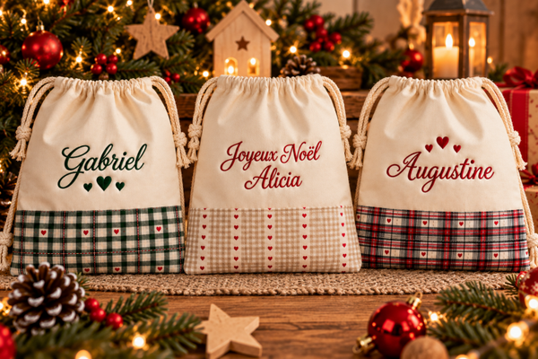 Sac pochon de Noël personnalisé – Prénom brodé