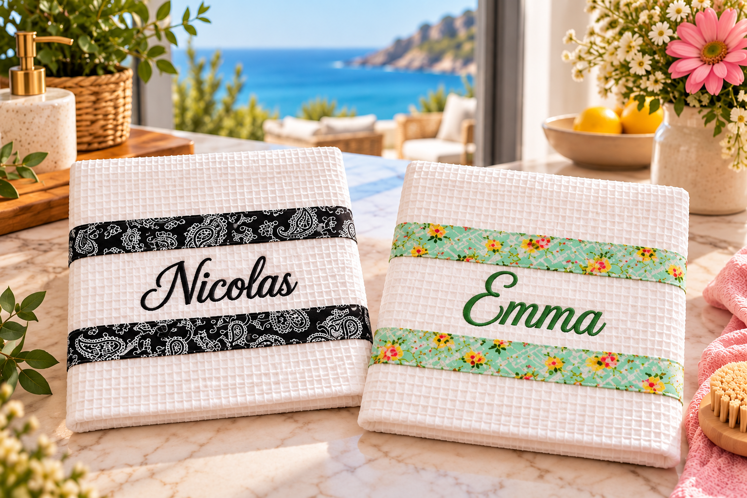 Serviettes en coton nid d'abeille personnalisées avec les prénoms Nicolas et Emma brodés