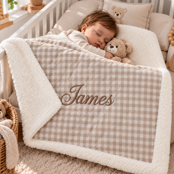 Couverture bébé personnalisée prénom brodé – Vichy et Sherpa