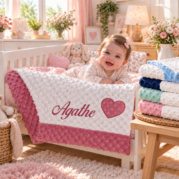 Couverture bébé personnalisée prénom et cœur brodés