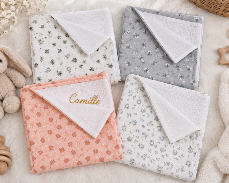 Langes bébé en tissus imprimés doux, dont un lange rose personnalisé avec le prénom Camille brodé