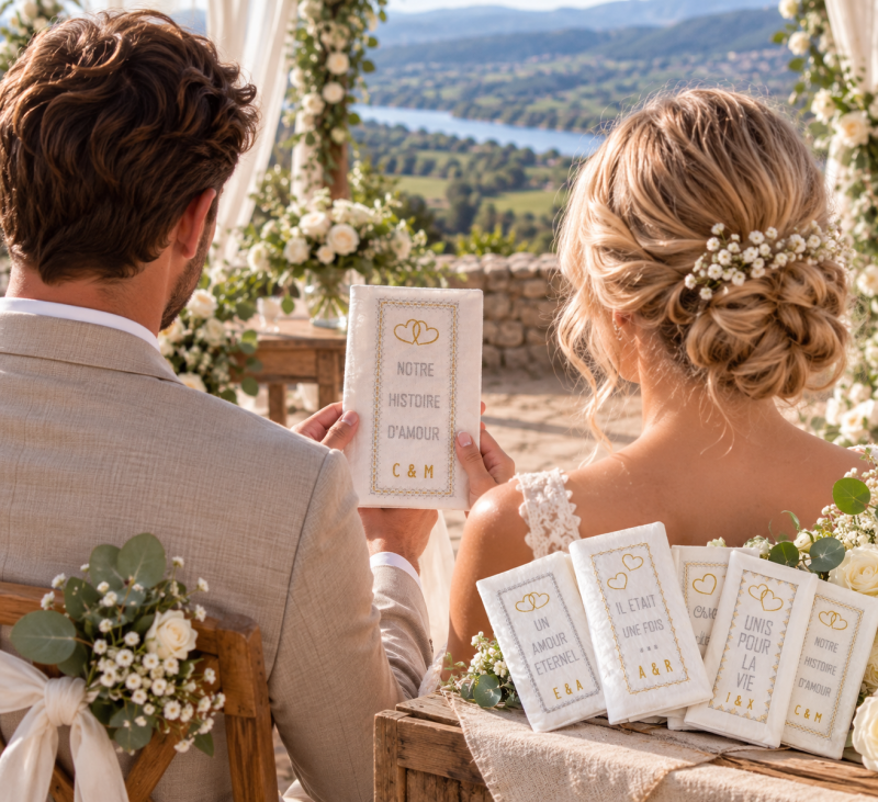 Décorations de mariage personnalisées brodées avec prénoms, présentées lors d'une cérémonie