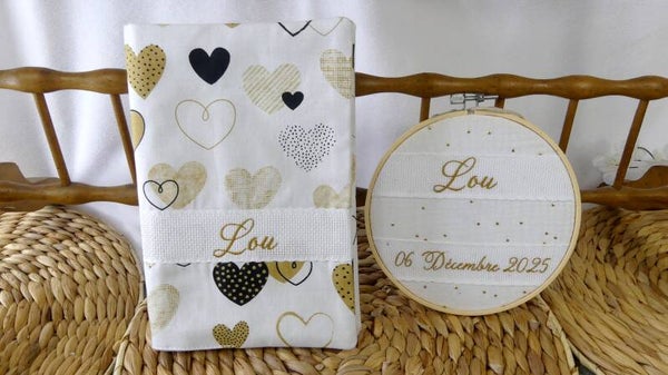 Carnet de santé Imprimé coeurs broderie sur bande AIDA Coton