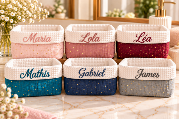 Corbeille de rangement personnalisée en double gaze à pois dorés – 6 coloris