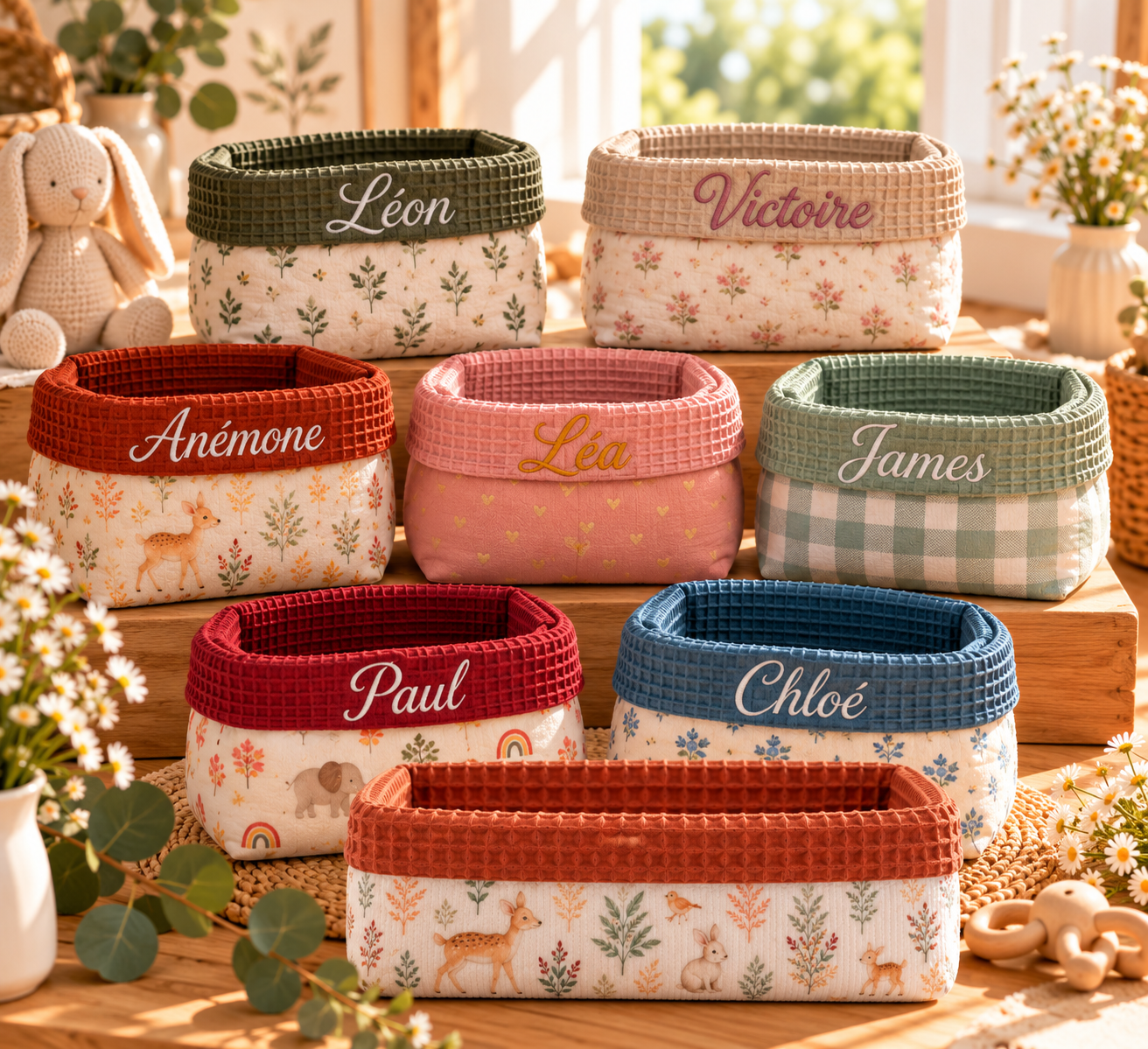 Corbeille de rangement personnalisée en tissu fleuri, animaux ou vichy – Prénom brodé