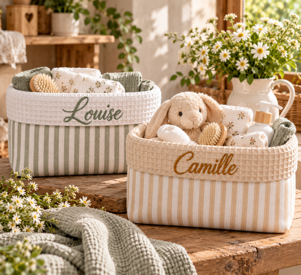 Corbeille de rangement bébé en double gaze de coton – Prénom brodé en option