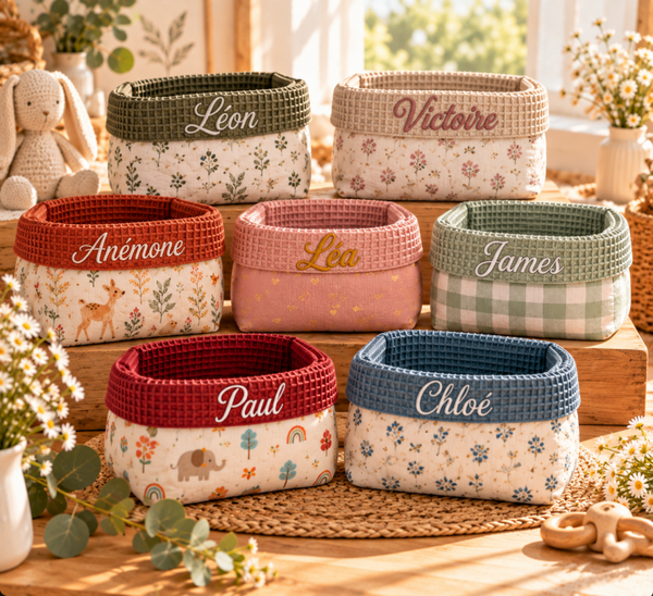 Corbeille de rangement personnalisée en tissu fleuri, animaux ou vichy – Prénom brodé