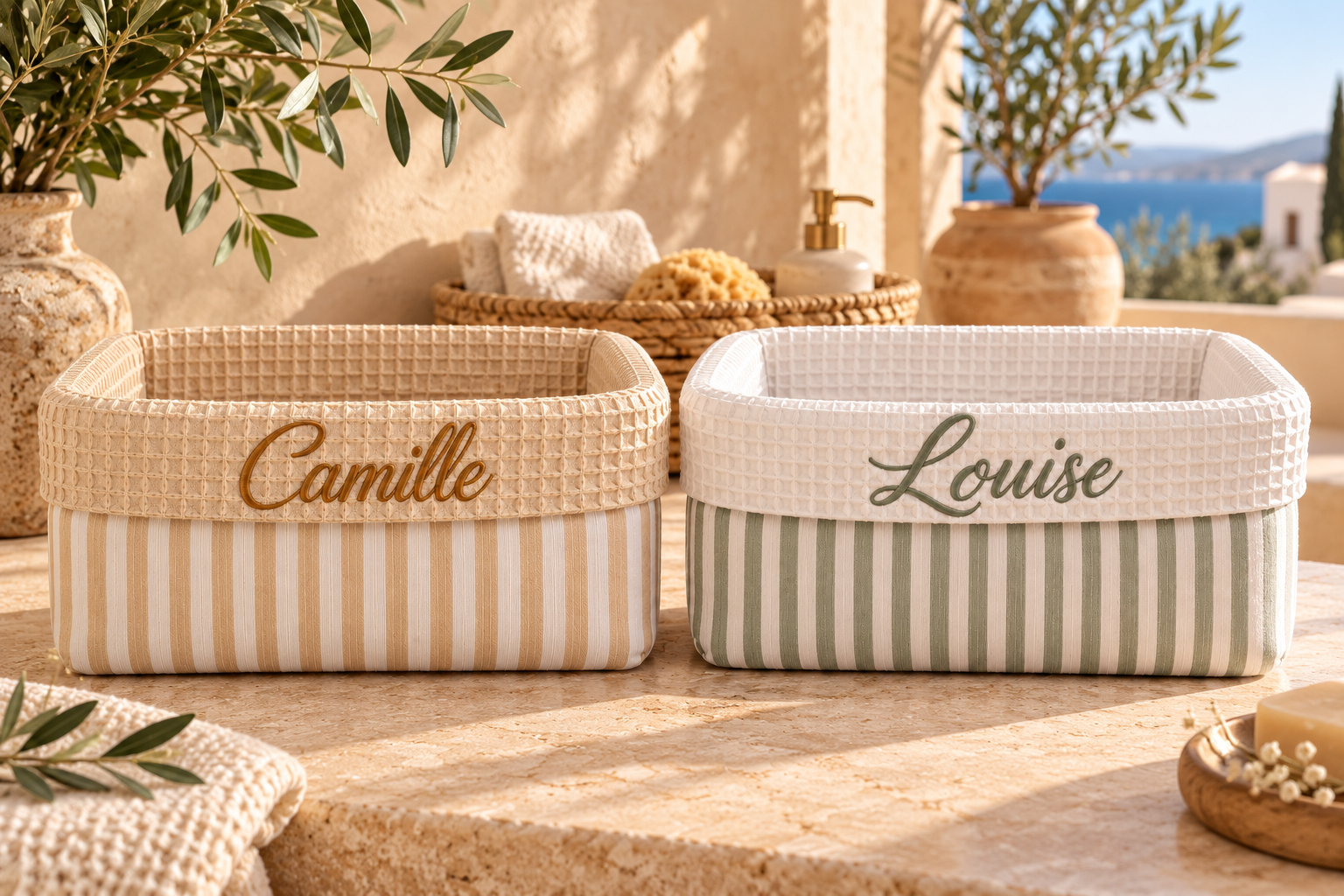 Corbeille de rangement bébé en double gaze de coton – Prénom brodé en option