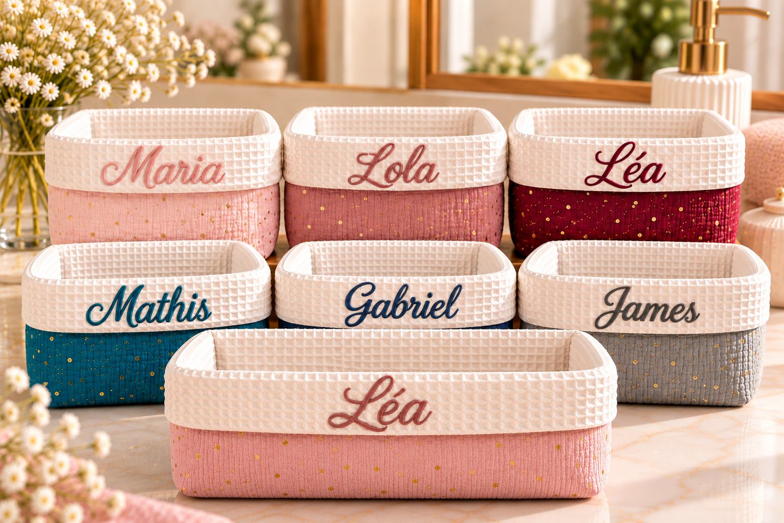 Corbeille de rangement personnalisée en double gaze à pois dorés – 6 coloris