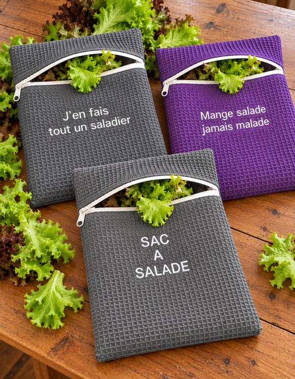 Sac à salade réutilisable brodé – Violet/parme ou gris – Conservation au réfrigérateur