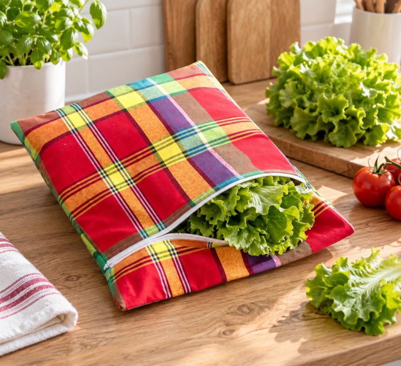 Sac à salade réutilisable en tissu madras multicolore, avec fermeture éclair blanche, rempli de salade fraîche.