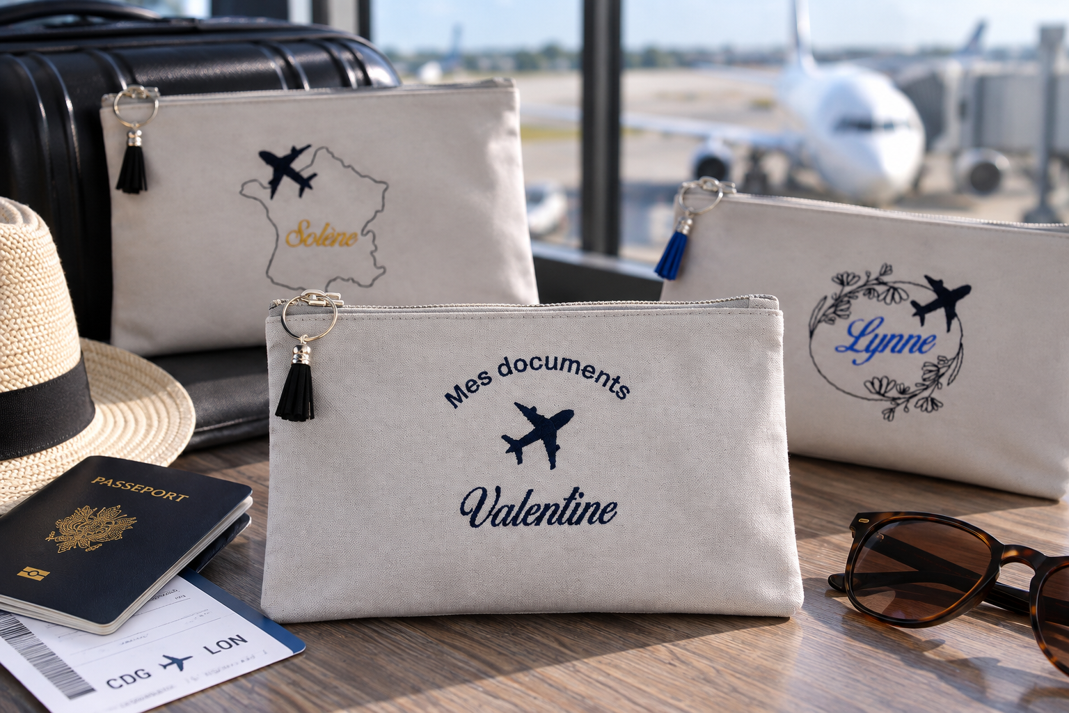 Pochette vacances personnalisée prénom et motif brodés