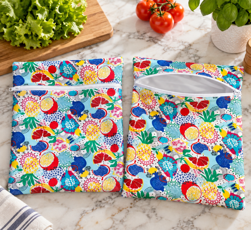 Sacs alimentaires en coton à motifs fruités, avec doublure blanche en PUL alimentaire et fermeture éclair, confectionnés artisanalement par Brod’Loisirs.