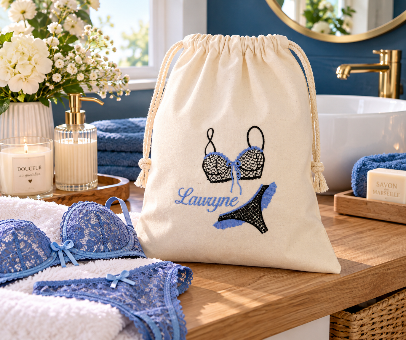 Sac à lingerie personnalisé prénom et motif 2 pièces brodés